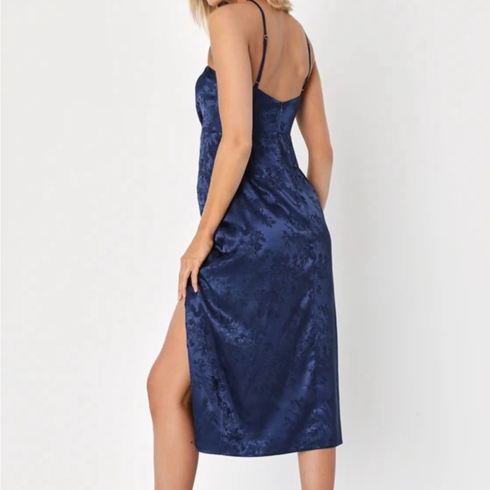 Lulu's Desirable Dream Navy Blue Satin Jacquard Halter Neck Midi Dress - Picture 2 of 6